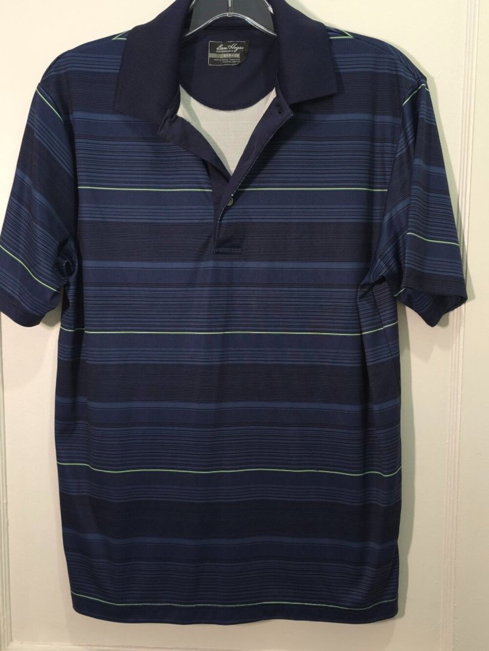 Ben Hogan Performance Navy Blue Striped Golf Polo Shirt Accent Lime Green Lines